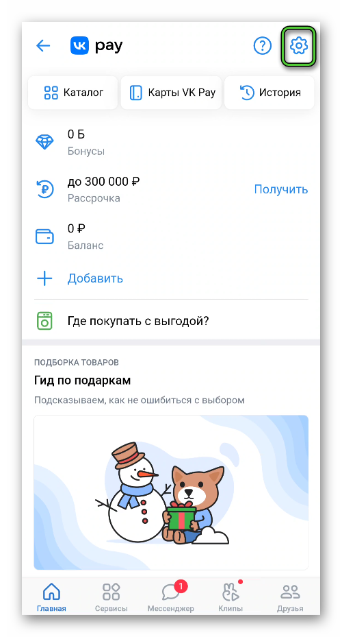 Иконка Шестеренка в VK Pay в мобильном приложении