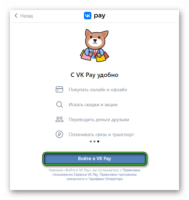 Кнопка Войти в VK Pay на официальном сайте
