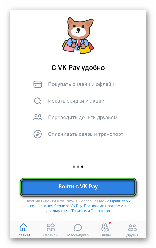 Кнопка Войти в VK Pay в мобильном приложении